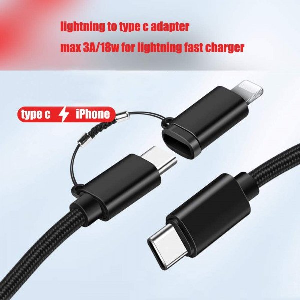 Wholesale 2in1 MAX 60W PD Speed Universal Charger Cable, USB-C / Type-C  with IP Lighting iPhone adapter Premium Braided (Black)